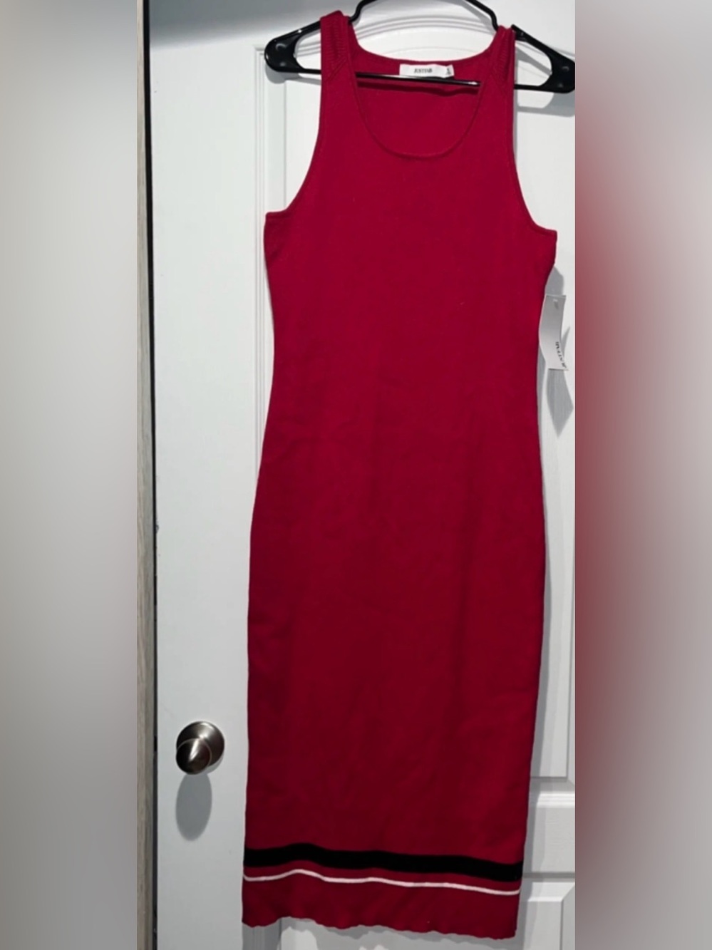 Just Fab Red Ribbed Midi Dress with Contrast Stripe